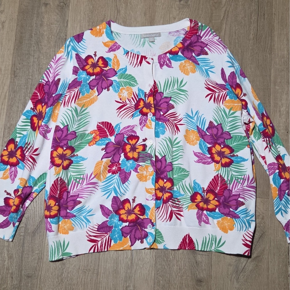 Woman Within Cardigan Women's 2X 26/28 Tropical Floral Cotton Button Front